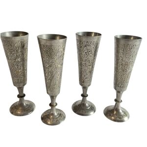 Vintage Silver Plated Engraved Etched Cordial Petite Cup Flute Set Of 4